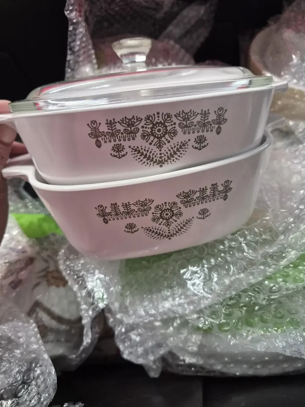 CorningWare JCP-1B White Green Floral Square 2 Casserole Dish w/ Lid Handle.